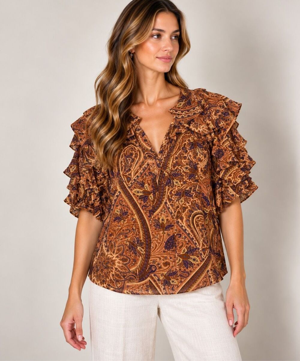 Ulla Johnson Josephine Top 100% Silk Size 16 Tie Neck Ruffle Cuff Top Rosette